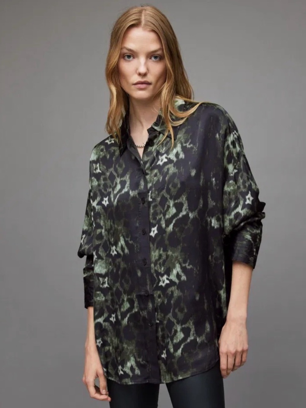 AllSaints Inez Celia Printed Oversized Shirt Moss Green